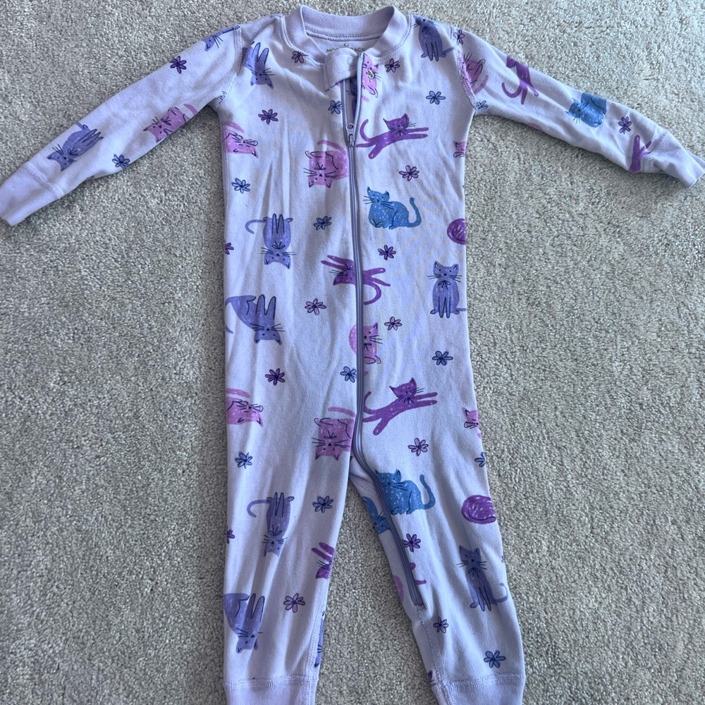 Moon and Back by Hanna Anderson Purple and Blue Cat Print Onesie Piece 2T